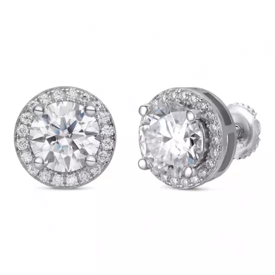 Real Moissanite Halo Stud Earrings 925 Silver Hip Hop Mens Ladies - Pass Tester