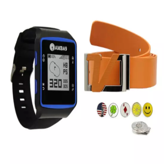 Amba9 GPS Golf Watch, Volvik Genuine Leather Belt, 5 Ball Markers, 1 Hat Clip