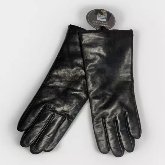 Saks Fifth Ave Women`s Black Leather Cashmere Lined Gloves Size 7.5 New