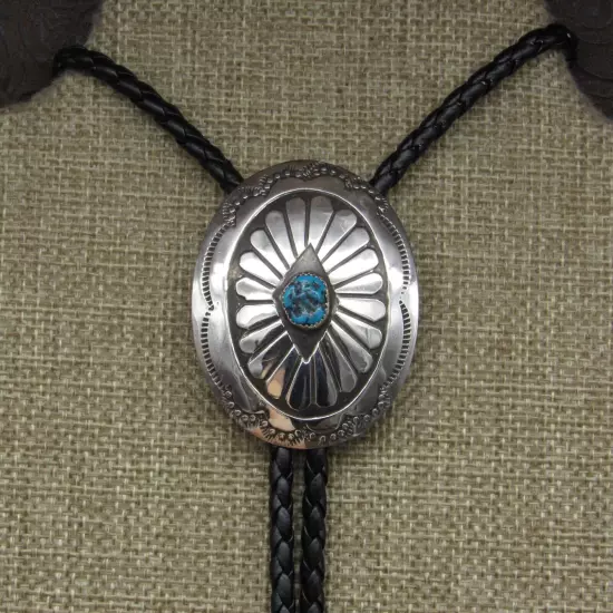 Southwestern Sterling Silver Oxidized And Stamped Turquoise Bolo Tie