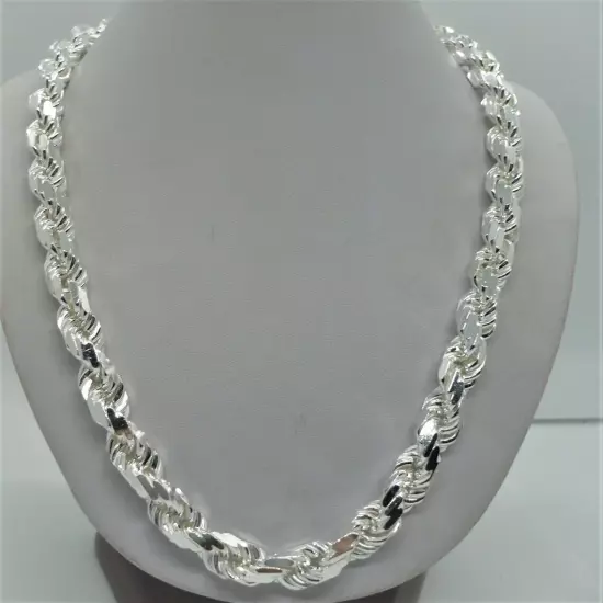 Solid 925 Sterling Silver Italian Rope Chain Mens Necklace 9mm - Diamond Cut