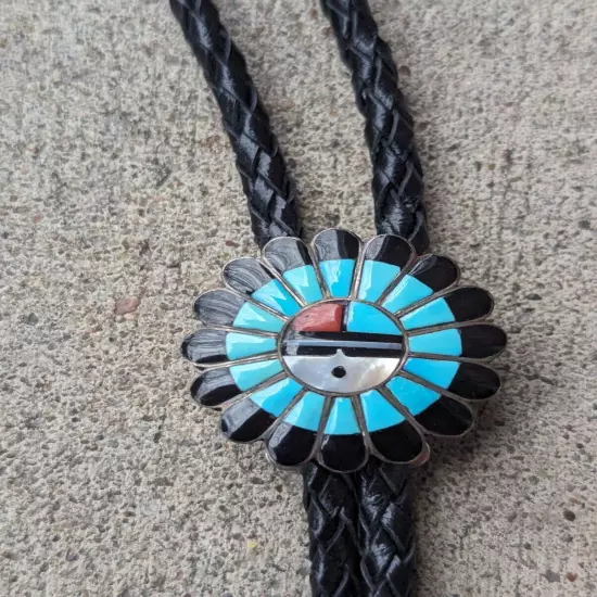 Vintage Sterling Zuni Inlay Kachina Sun Face Bolo Tie Turquoise Onyx Inlay G4