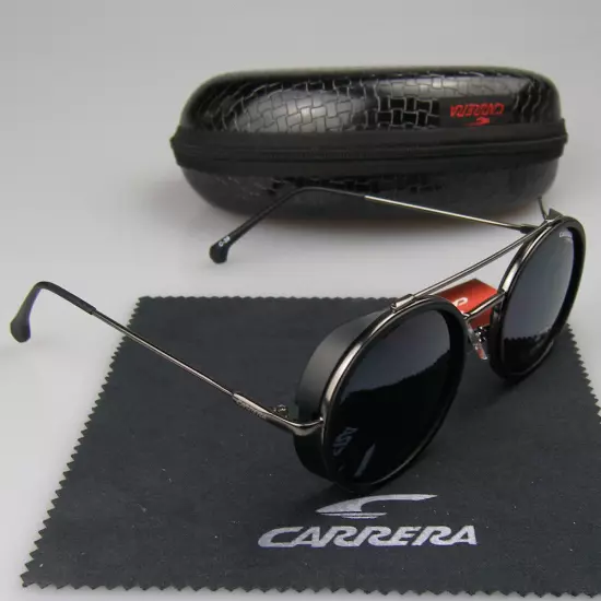 Men Women Retro Sunglasses Matte Black Metal Round Frame Carrera Glasses+Box C39