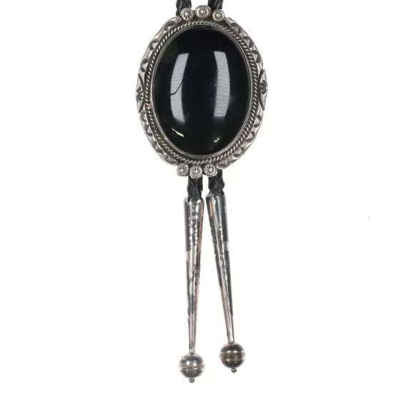 1980's Native American Sterling and onyx bolo tie