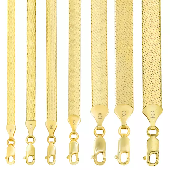 10K Yellow Gold Solid 3mm-9mm Flat Silky Herringbone Chain Necklace 16"- 24"