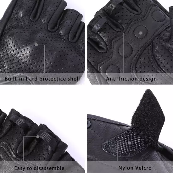 Harssidanzar Men's Motorcycle Gloves Leather Perforated Large, Black 