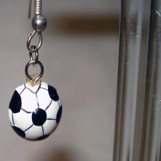 Silver Tone Black White Resin Soccer Ball Jewelry Hanging Pierced Earrings Set