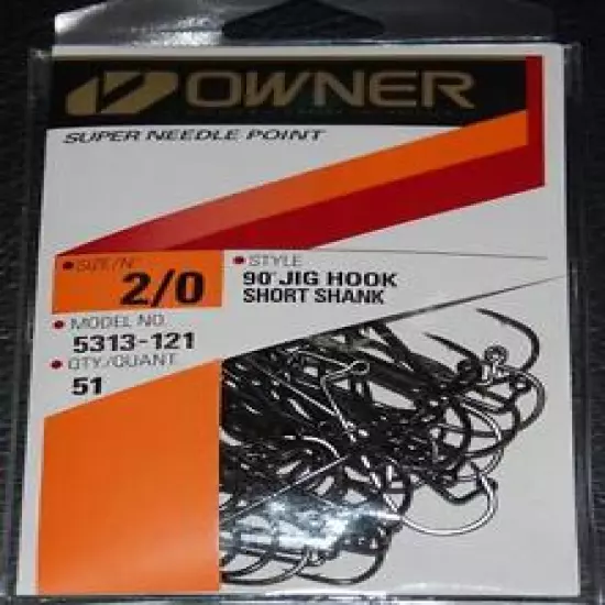 OWNER 90° X Strong Short Shank Jig Hooks 5313-121 Size 2/0 - 51 pack for molds