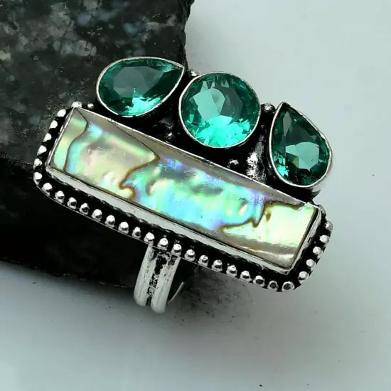 Abalone Shell Apatite Gemstone Handmade Ring Jewelry US Size-8.25 AR 92010