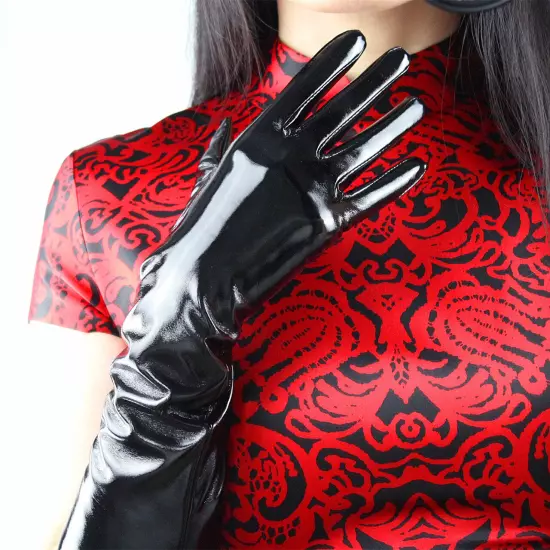 LATEX GLOVES Shine Leather Faux Patent Vegan PU 8" 21cm Short Basic Shine Black