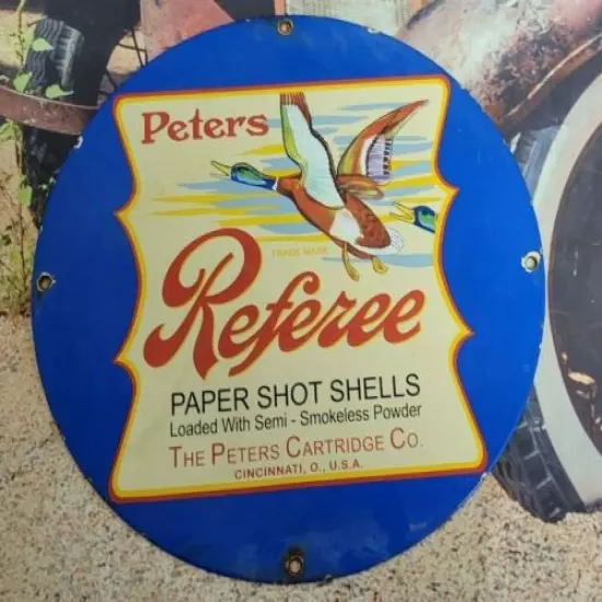 VINTAGE PETERS REFEREE HIGH VELOCITY SHELLS PORCELAIN GUN SIGN REMINGTON AMMO