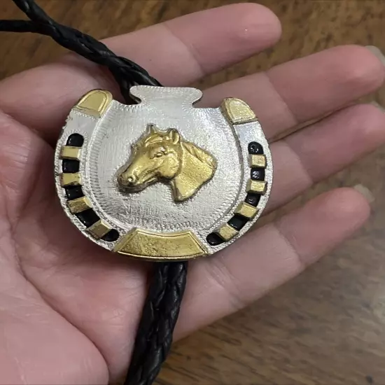 Bolo Tie Silver And Gold Tone Horse Head Horse Lucky Western Wear Cowboy Event 