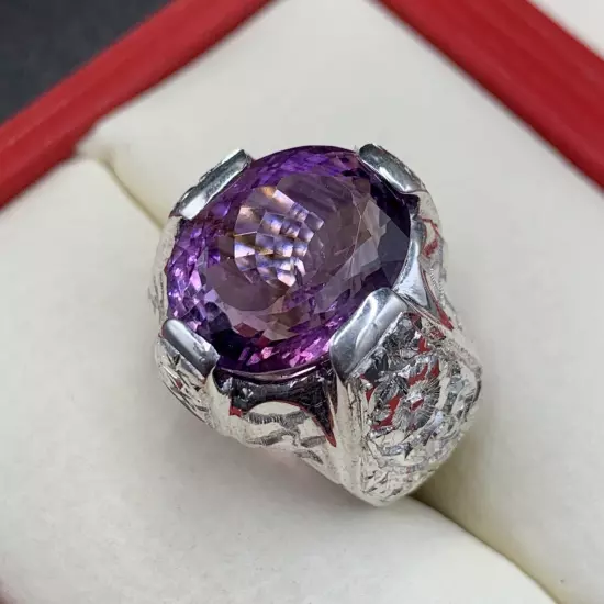 Natural Amethyst Ring, Man Amethyst Purple Gemstone Ring, 925 Sterling Silver