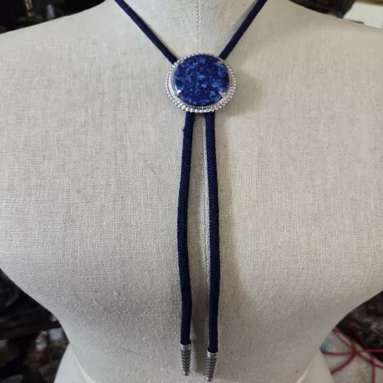 Dark Blue Color Bolo tie with Faux Lapis Oval 2"x1.5" Clasp 30 Inch Tie