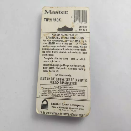 Vintage Master Lock Padlock 12-T Laminated Brass 2 Pack Small Locks Made in USA