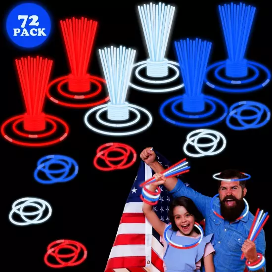 Fourth of July Kids Party Favors Supplies,72 PCS Red White Blue Glow Sticks Part