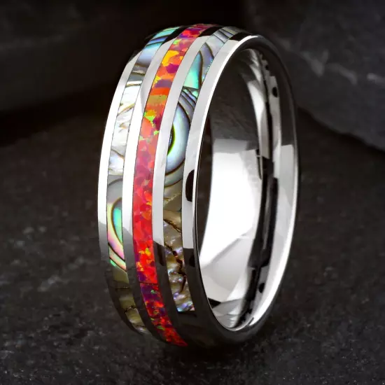 8mm Tungsten Men's Pink/Red Opal w/ Abalone Striped Wedding Band Ring