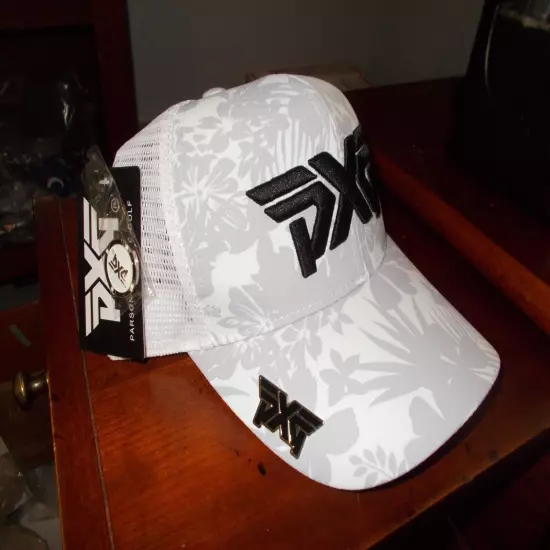 1 NEW PXG White Floral W/ Black Golf Hat Adjustable Snapback, W/ Ball Mark 