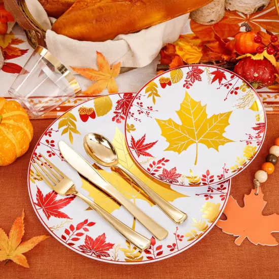 KIRE 150PCS Thanksgiving Plates Dinnerware Maple Leaves - Plastic Thanksgivin...