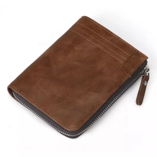 Men's RFID Blocking ID Window Zipper Pocket Leather Bifold WalletNew