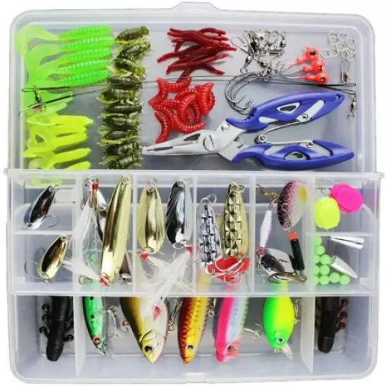 120 PCS Fishing Lures Mixed Including Spinners,VIB,Treble Hooks,Single Hooks Box