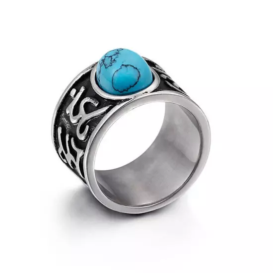 14MM Width Mantra Runes Band Men Stainless Steel Blue Turquoise Inlay Biker Ring