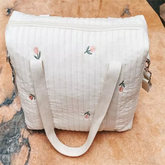 Flower Embroidery Pattern Baby Beige Cotton Fabric Zipper Diaper Handbag Bag