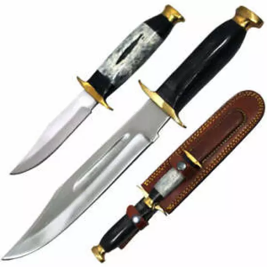 13.5" & 8" Black Bovine Bone Handle Hunting Knife Set with Leather Sheath