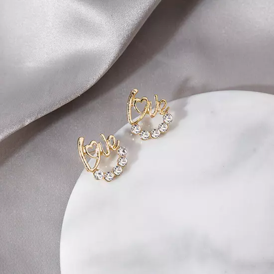 Fashion 18k Gold Plated Crystal Love Letter Stud Earrings Jewellery Womens Girls