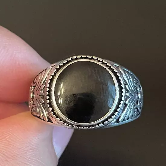 Oval Black Obsidian Stone S925 Silver Plated Men Women Ring Size 8.75