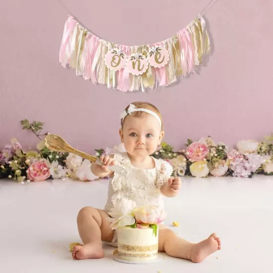 Pink Golden Floral High Chair Banner - Rose 1st Birthday Highchair Banner Gir...