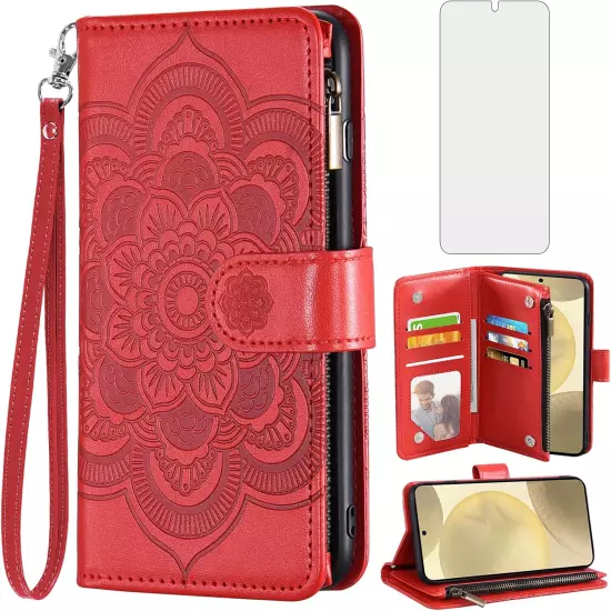 Phone Case for Samsung Galaxy S24 5G Wallet Cover with Tempered Glass Screen Pro