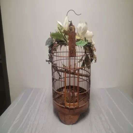 Vtg. Large Ornate Bamboo Chinese Decorated Bird Cage 