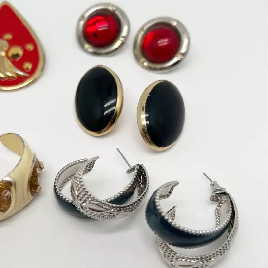 Lot of 8 Vintage Metal and Enamel Pierced Earrings Gold, Silver, Red, Black