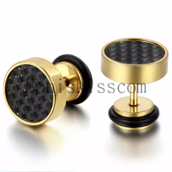 Mens Stud Earrings Stainless Steel Illusion Tunnel Plug Screw Back Carbon Fiber