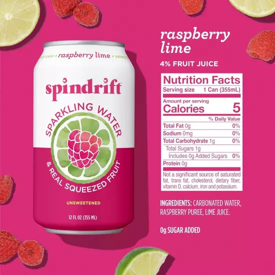 Spindrift Sparkling Water, Raspberry Lime Flavored, 12 Fl Oz Cans, Pack of 24