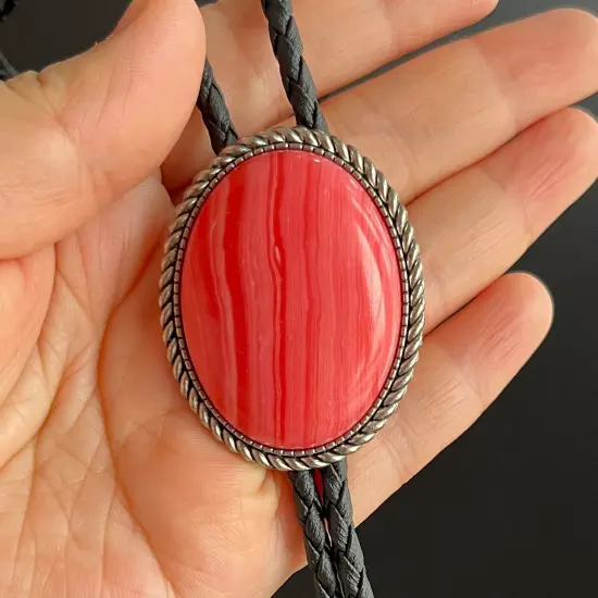 Red Striped Pine Stone Mens Bolo Tie Cowboy Vintage Alloy PU Rope Wedding