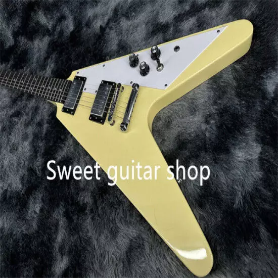 Yellow Flying V Electric Guitar Fixed Bridge Solid Body White Pickguard 6-string