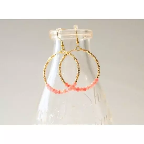 Red Jade Pink Sparkly Gold Beaded Earring Gemstone dangle hoops vacation jewelry