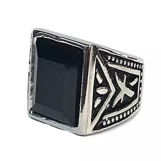 Stainless Steel Men’s Biker Style Ring Size 8 Black CZ Stone 7+ Grams