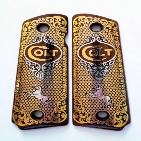 COLT 1911 custom engraved wood grips gold silver rampant horse logo Scroll #2