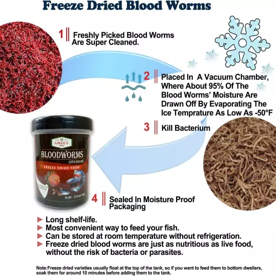 Amzey Blood Worms 0.5 oz -100% Natural Freeze Dried Blood Worms - Aquarium High 