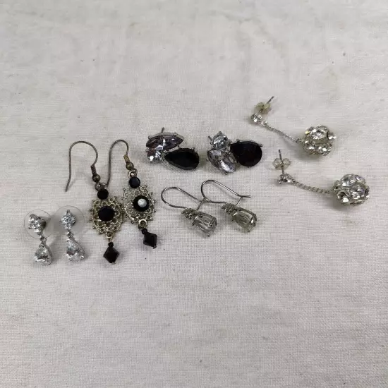 Lot Of 5 Vintage & Modern Costume Rhinestone Earrings Dangle Hoop Silver Tone