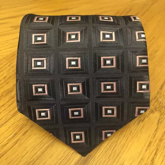 Ike Behar Silk Tie, Black Pink & White Geometric Squares