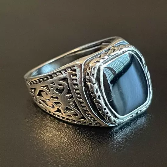 Trendy Black Obsidian Stone S925 Silver Plated Men Women Statement Ring Size 7.5