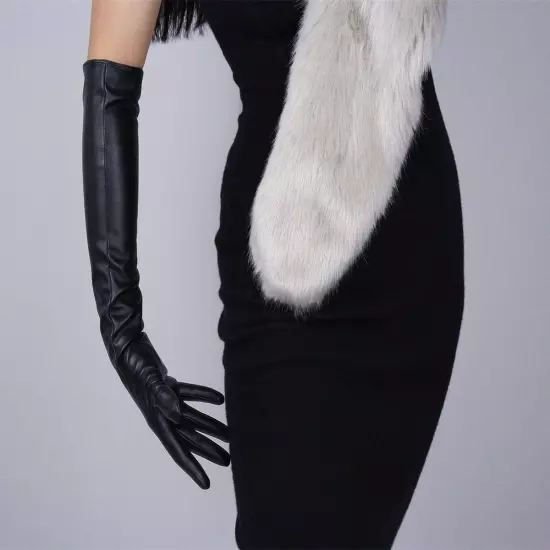 Women'S TECH LONG GLOVES Faux Lambskin Leather Soft Black Touchscreen Sensitive