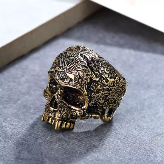 Gothic Tribal Flower Gold Skull Ring Stainless Steel Men's Evil Skull Biker Ring