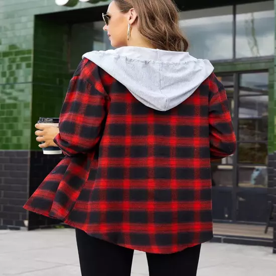 HOTOUCH Hooded Flannel Shirt Women Plaid Jacket Shacket Long Sleeve Button... 