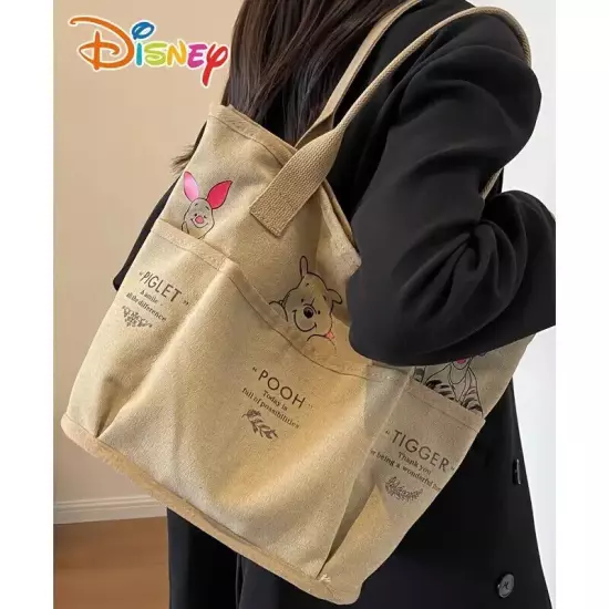 Disney Winnie the Pooh Canvas Purse Handbag Beige Tote Printed Zipper Pockets