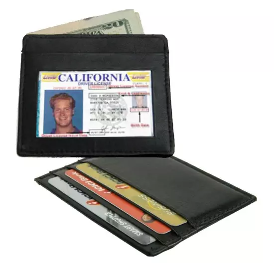 Black Genuine Leather Men's Flat Wallet ID License Bill Fold Holder 